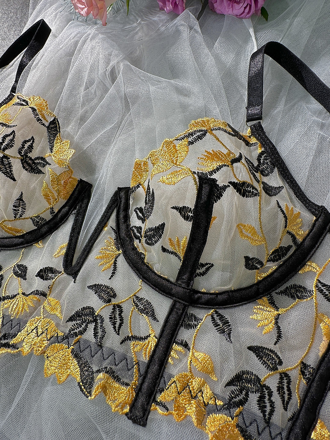 Black Embroidered Corset And Panty Lingerie Set Gold Thread Hello.LA.Girl